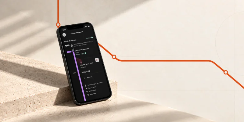 Maquette éditoriale de l’application SNCF Connect sur smartphone